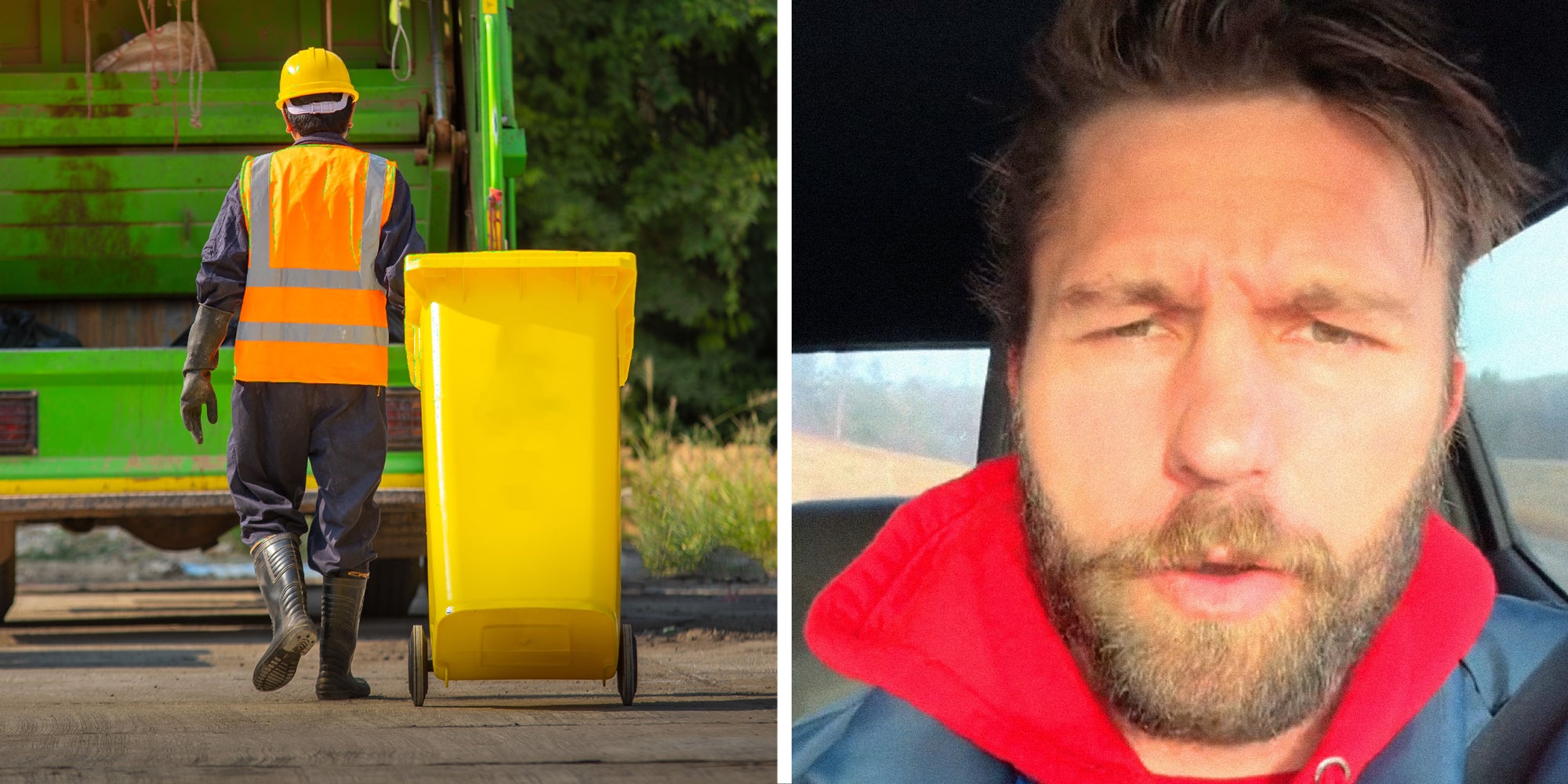 2 panel image, on the left is a garbage collector pulling a trash can, on the right a person explains to camera.