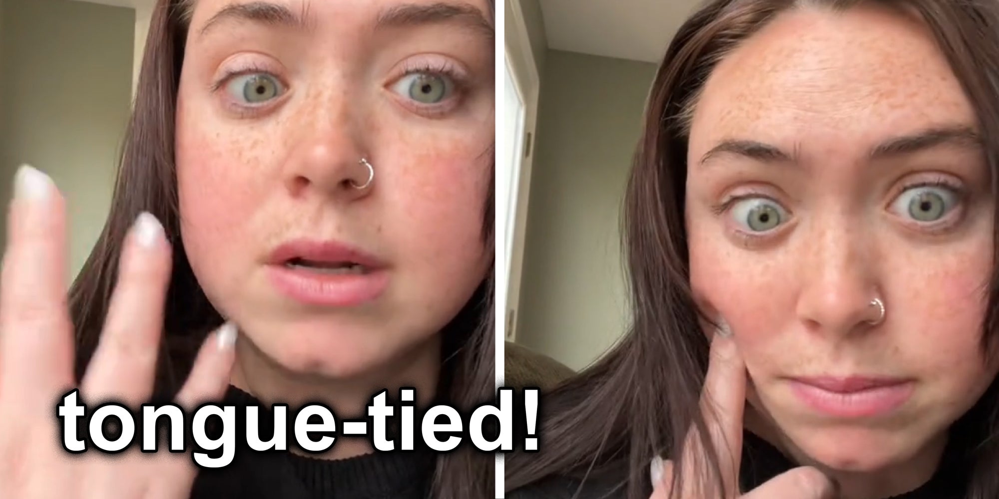 2 panel image of a person explaining. Text over: Tongue-tied!