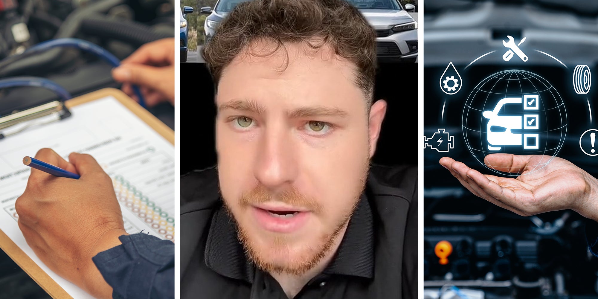 Mechanic with Checklist inspecting car(l) Expert sharing best cars that perform with maintenance(c) Hand showing vehicle icons (r)