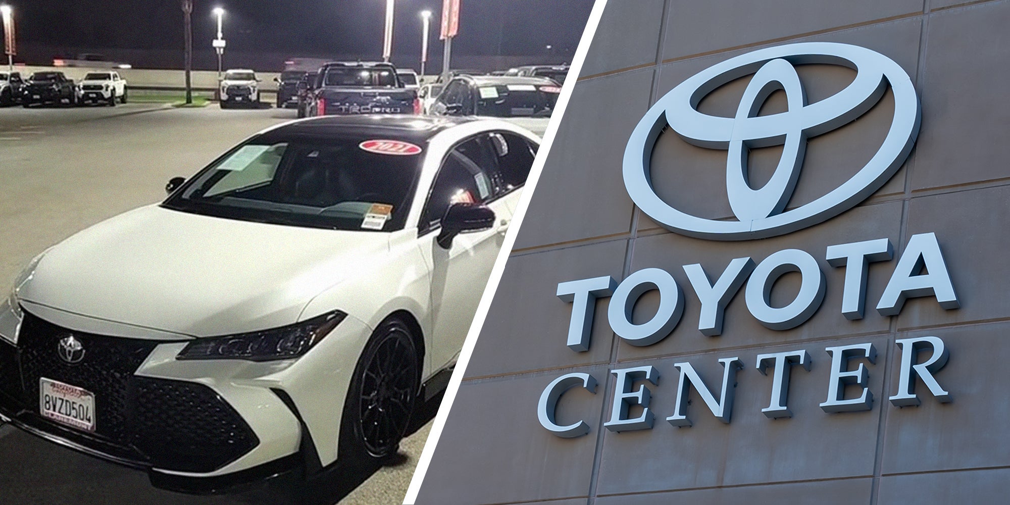 white and black special edition Toyota Avalon(l) Toyota Center sign(r)