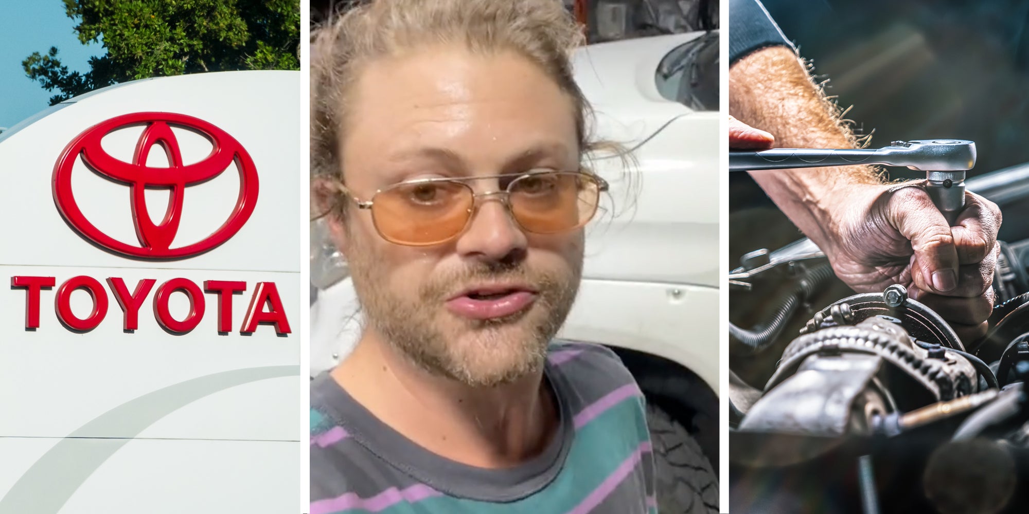 Toyota sign(l), Man talking(c), Mechanic working on car(r)