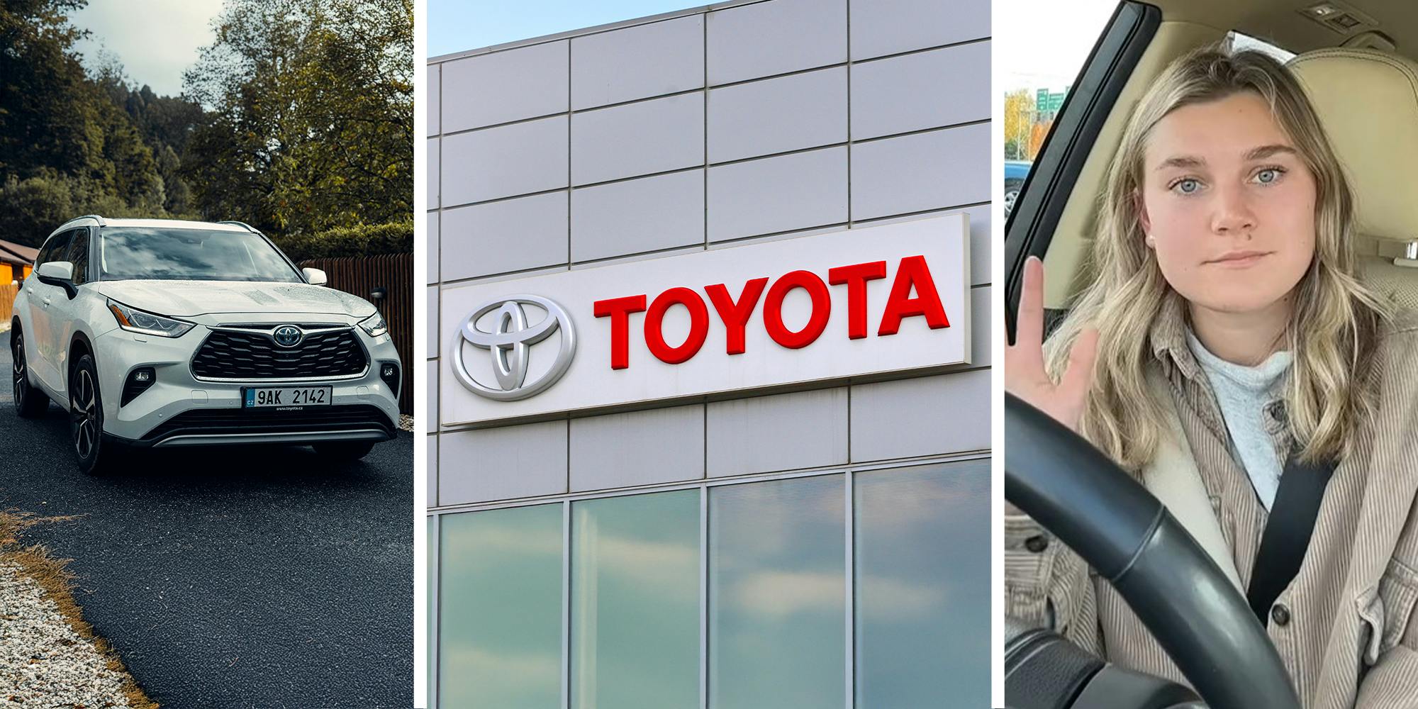 Toyota Highlander(l) Toyota Dealer Sign(r) Woman sharing story about Toyota High Lander(r)