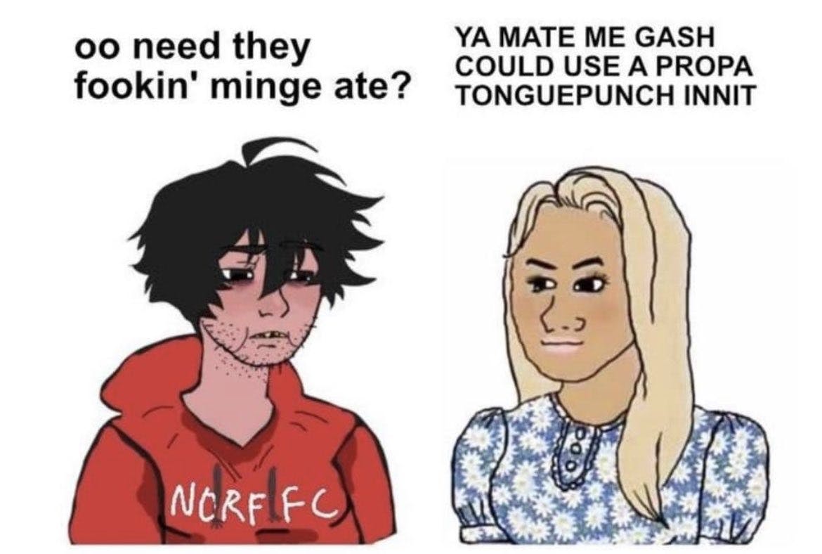 Trad Wife meme with her and Doomer Girl as British.