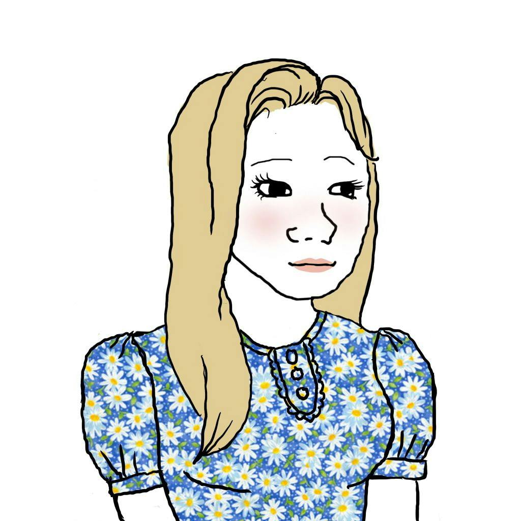 Wojak with blonde hair in a blue floral dress.