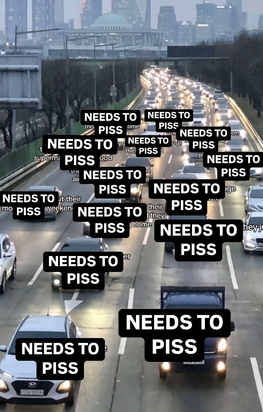 Traffic meme parody with all cars labeled 'NEEDS TO PISS.'