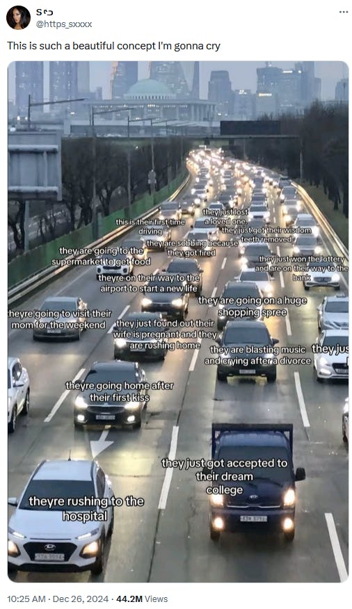 Tweet with an image of a highway full of cars labeled with different reasons for driving.