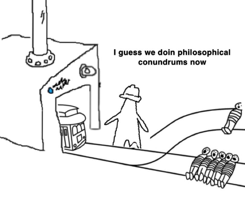 Triangle Factory meme about the trolley problem.