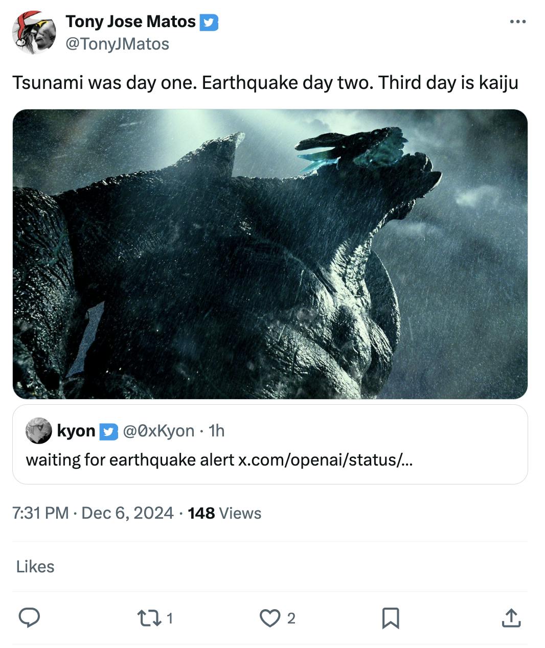 Tweet that reads, 'Tsunami was day one. Earthquake day two. Third day is kaiju' with a photo of a Kaiju from what is likely a Godzilla movie.