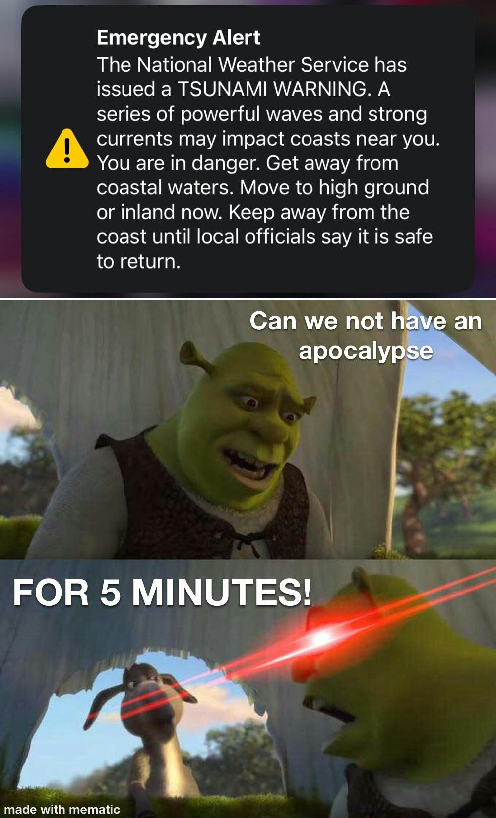 Tsunami meme with Shrek saying, 'Can we not have an apocalypse FOR FIVE MINUTES!' with red laser eyes in the third panel.