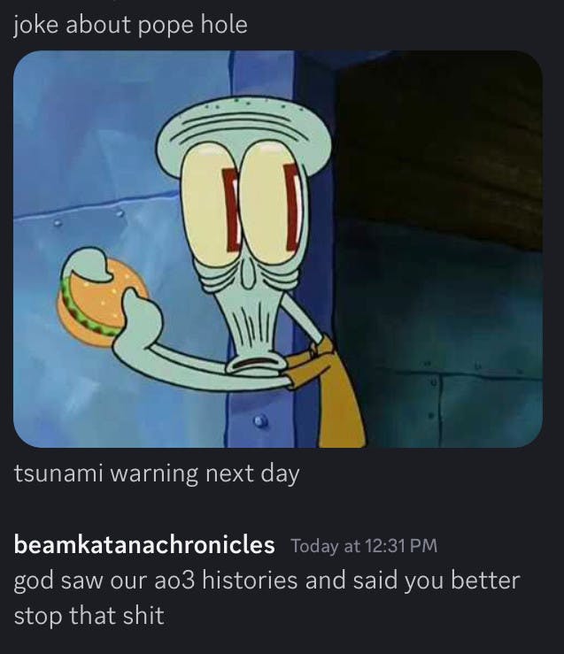 tsunami meme with Squidward looking worried holding a burger.