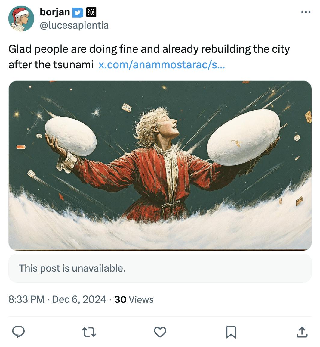 Tweet that reads, 'Glad people are doing fine and already rebuilding the city after the tsunami' with an older-style drawing of a young blonde person in a red outfit holding what looks like two giant eggs in their hands.