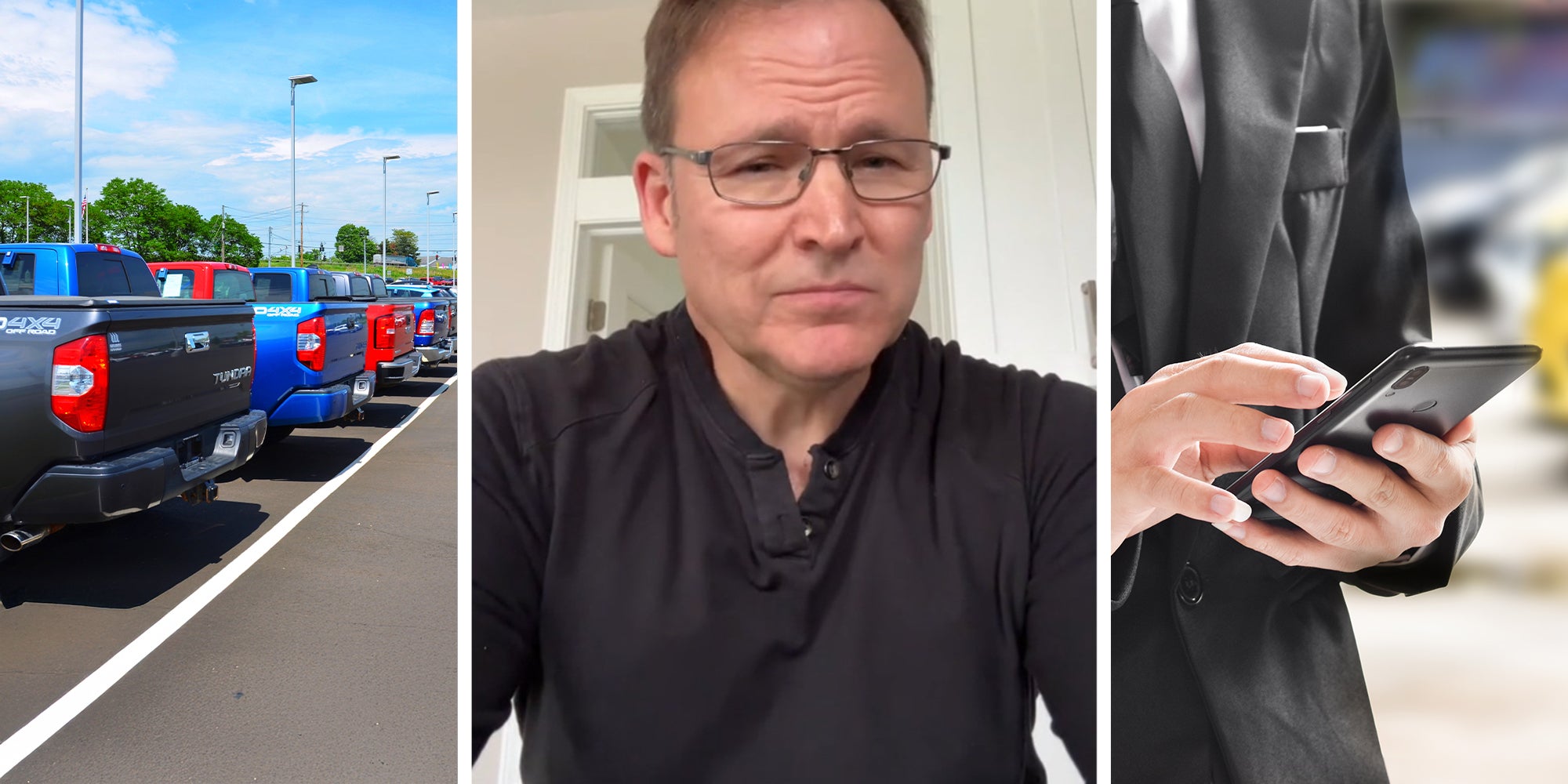 Row of Toyota Tundra (l) Man sharing what happened to him at a dealer(c) Worker at dealer sending a text(r)