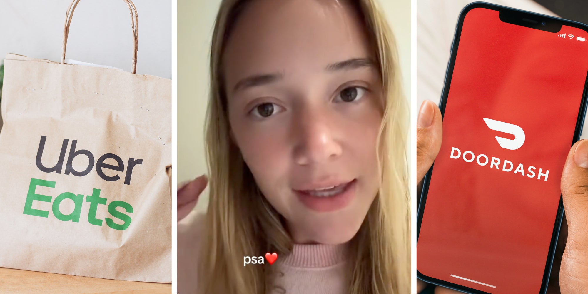 Uber eats bag(l), Woman talking(c), Doordash app on phone(r)