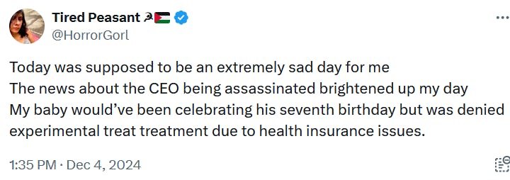 Tweet reading 'Today was supposed to be an extremely sad day for me The news about the CEO being assassinated brightened up my day My baby would’ve been celebrating his seventh birthday but was denied experimental treat treatment due to health insurance issues.'