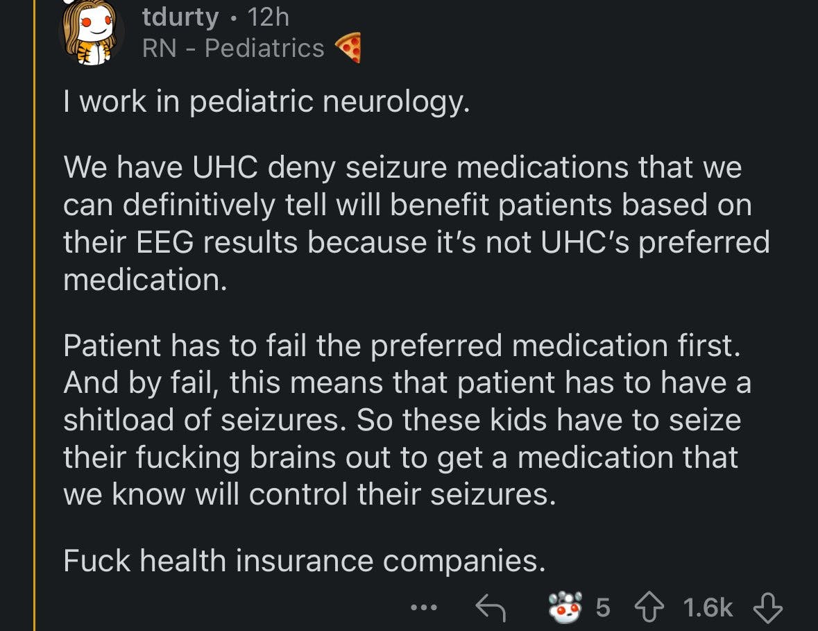 Reddit post by a healthcare worker about UHC denying claims for seizure medications for kids.