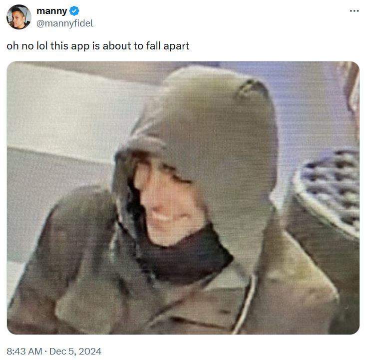 UHC shooter suspect smiling meme tweet reading 'oh no lol this app is about to fall apart.'