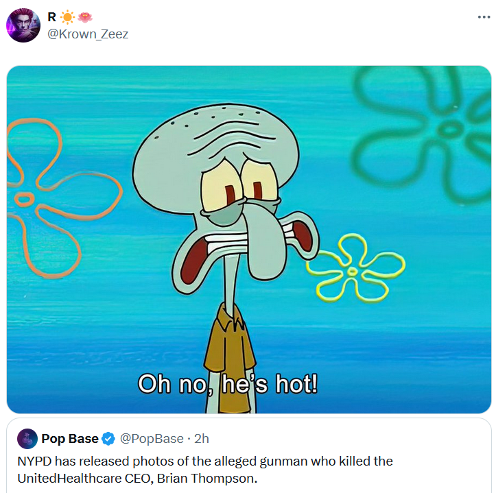 UHC shooter suspect smiling meme with Squidward saying 'oh no, he's hot!'