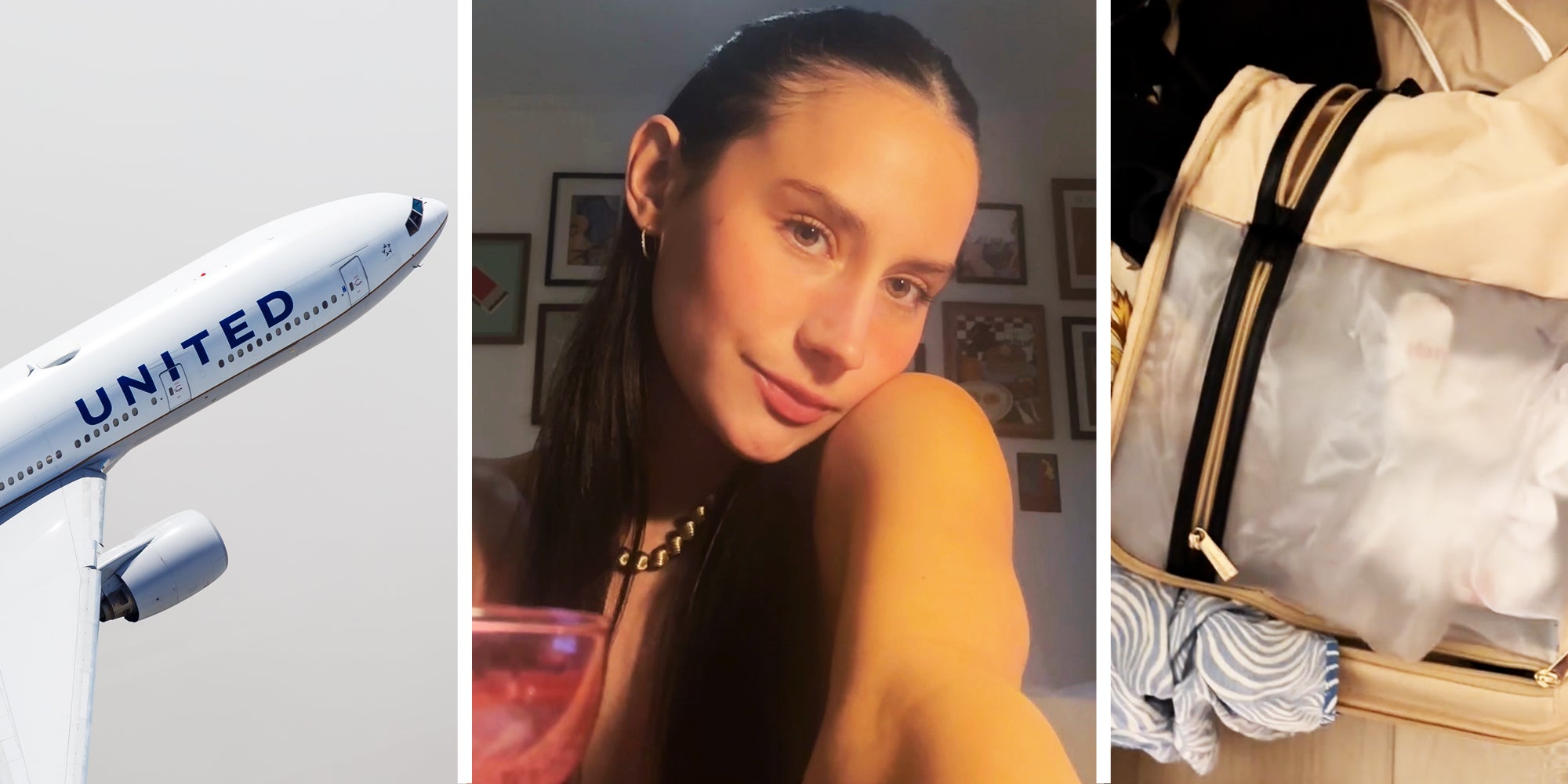United Airlines plane(l), Woman talking(c), Open suitcase(r)