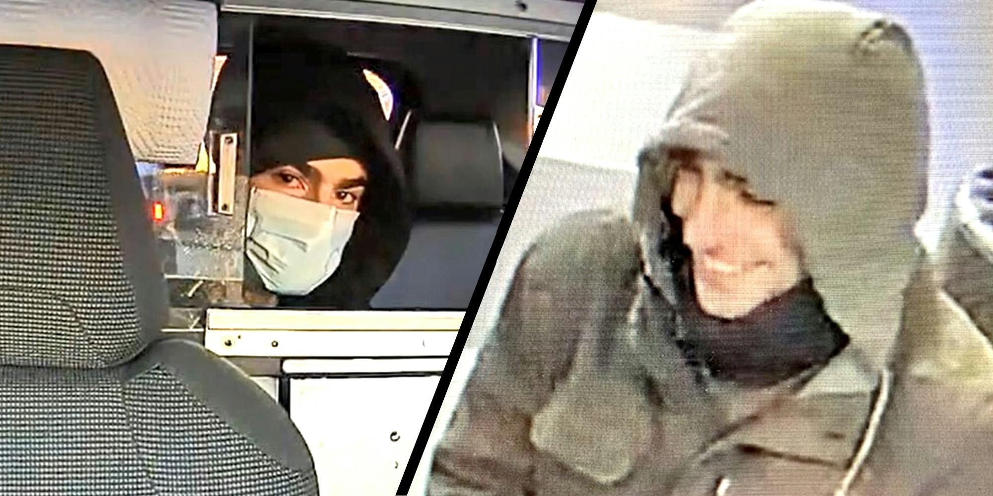 Two panel image. On the left, a man in a hoodie and face mask looks at the camera through the open divider of a taxi cab. On the right, a man in a hoodie smiles while looking at something off camera.