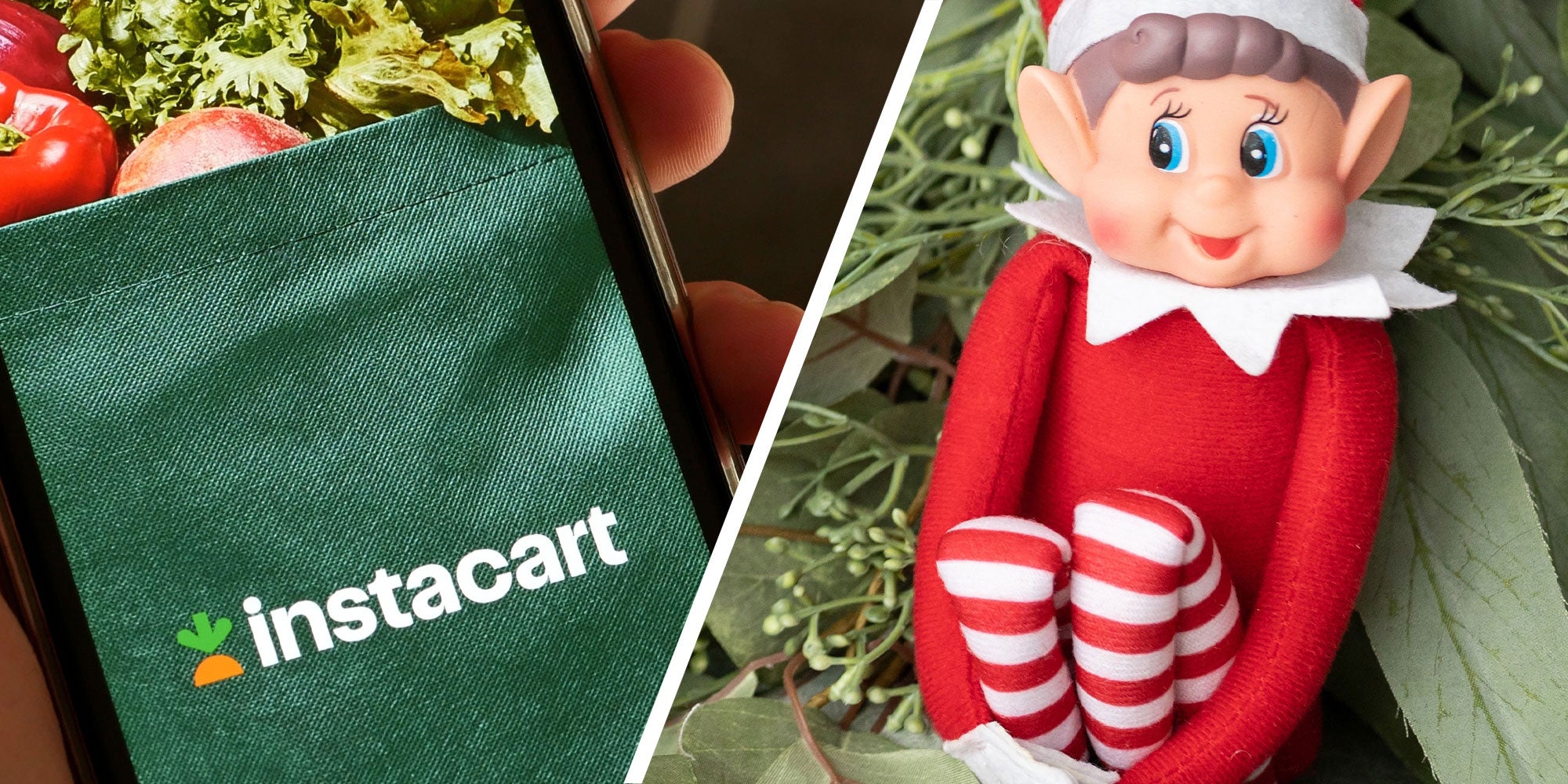 Two panel design with a close up of a phone screen with Instacart on it, next to an image of an Elf on the Shelf