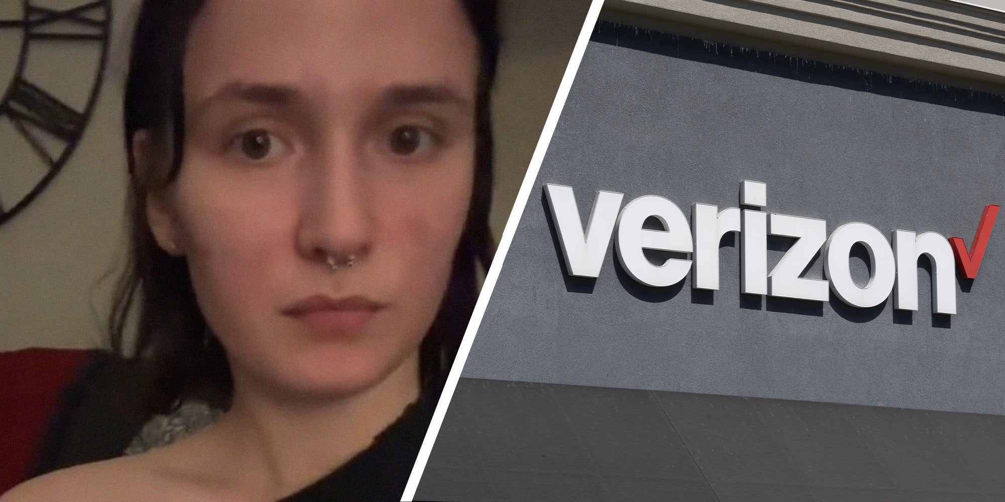woman sharing her experience with Verizon(l) Verizon Logo brand on building(r)