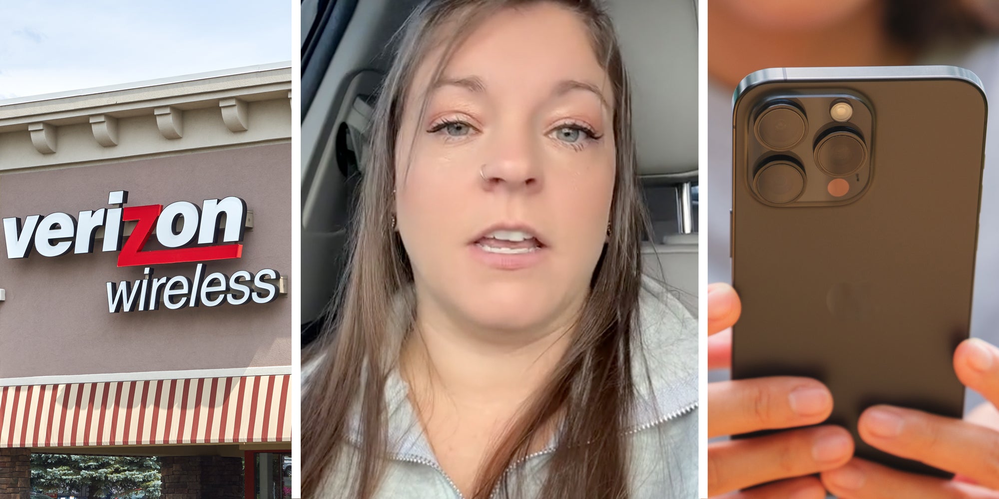 Verizon store(l), Woman talking(c), Hands holding iphone(r)