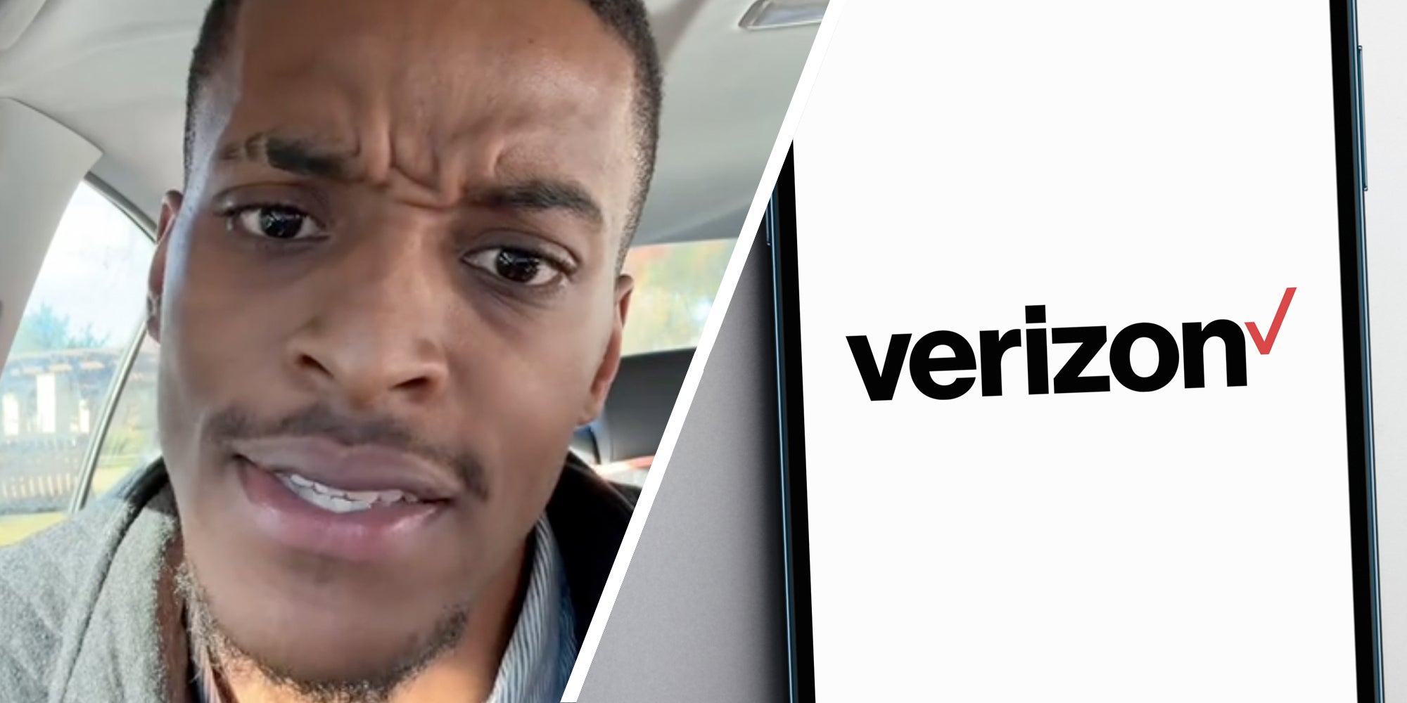 Man talking(l), Phone with verizon app(r)