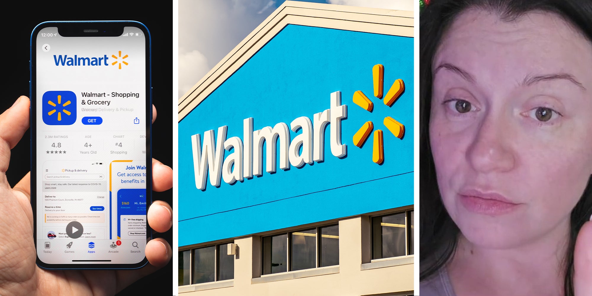 Walmart Phone App(l) Walmart Store Front(c) Woman sharing her experience with walmart app(r)