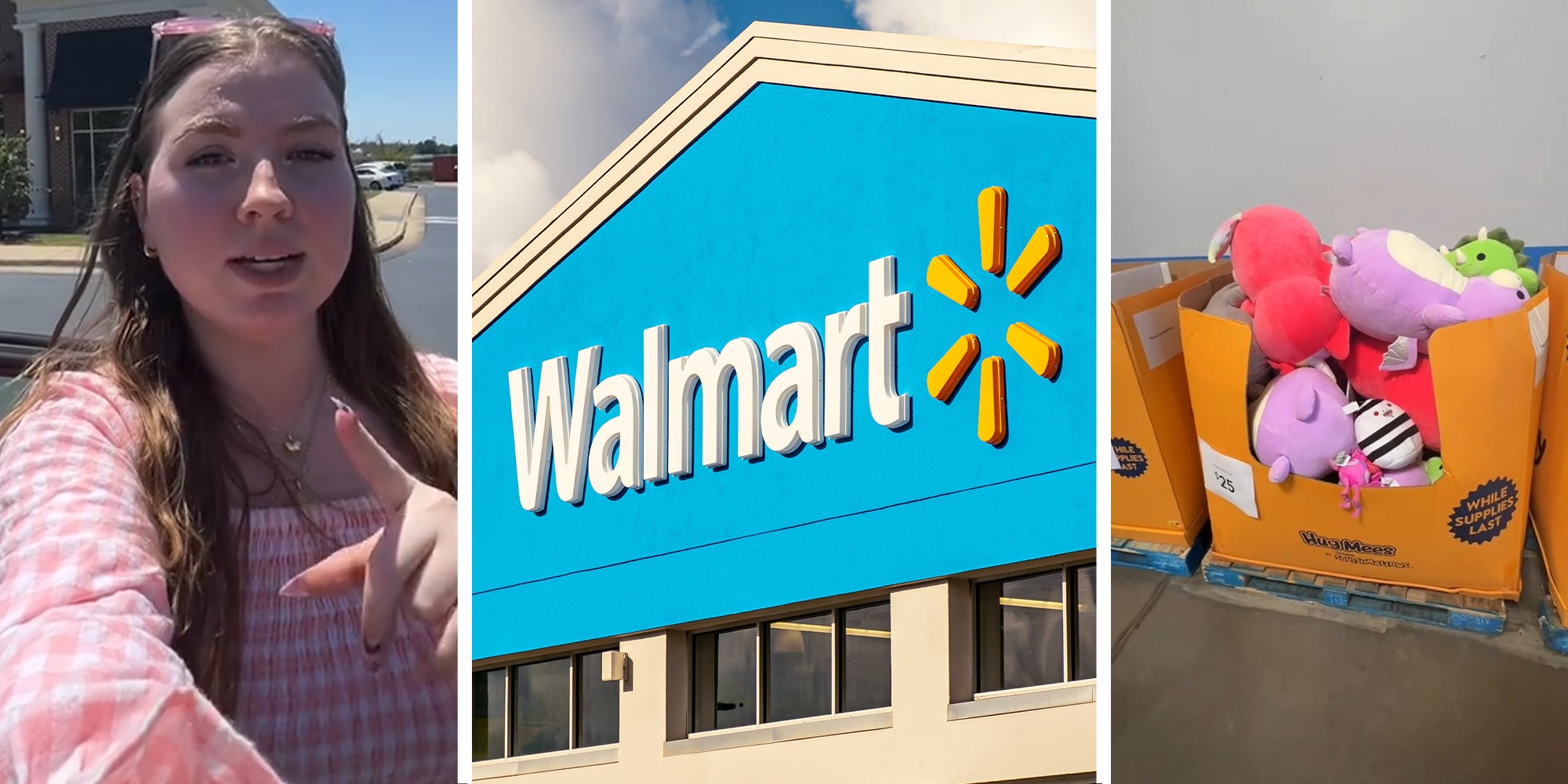 woman pointing at camera(l) Walmart Store Front(c) Box of Plushies(r)
