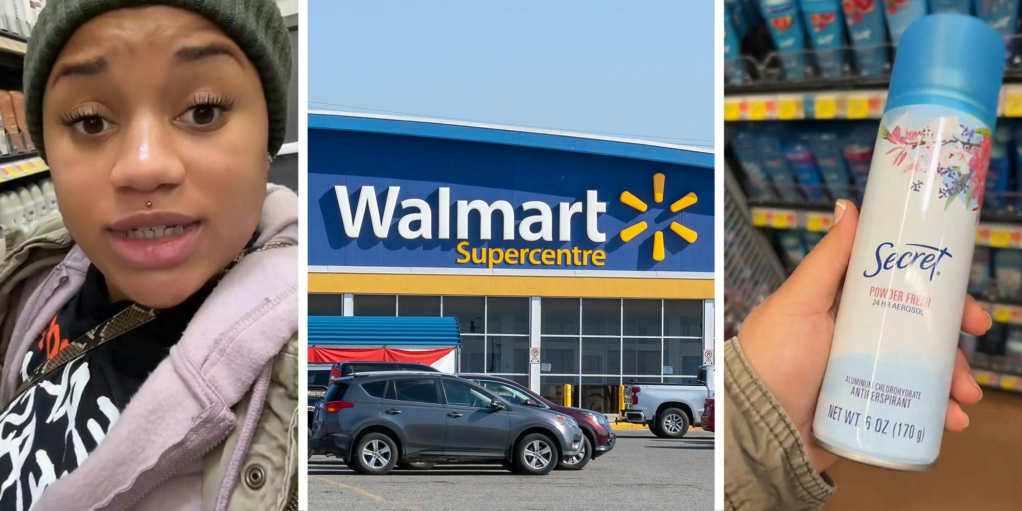 woman shopping for deodorant at walmart(l) Walmart Store front(c) Womans hand holding up Secret Power Fresh Deodorant(r)