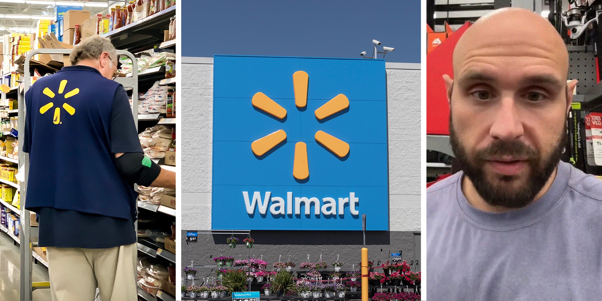 Walmart Employee(l) Walmart Store Front(c) Man sharing his experience shopping at walmart(r)