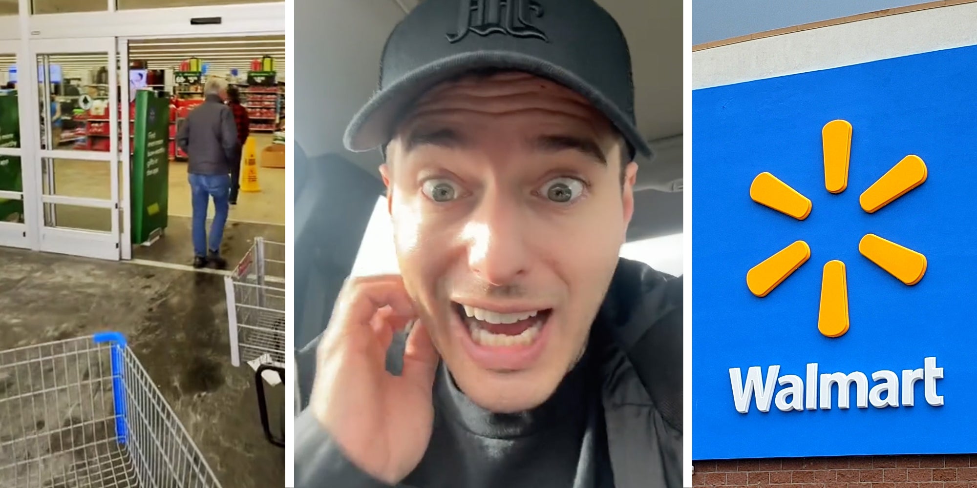 Cart going into walmart(l), Man talking(c), Walmart sign(r)