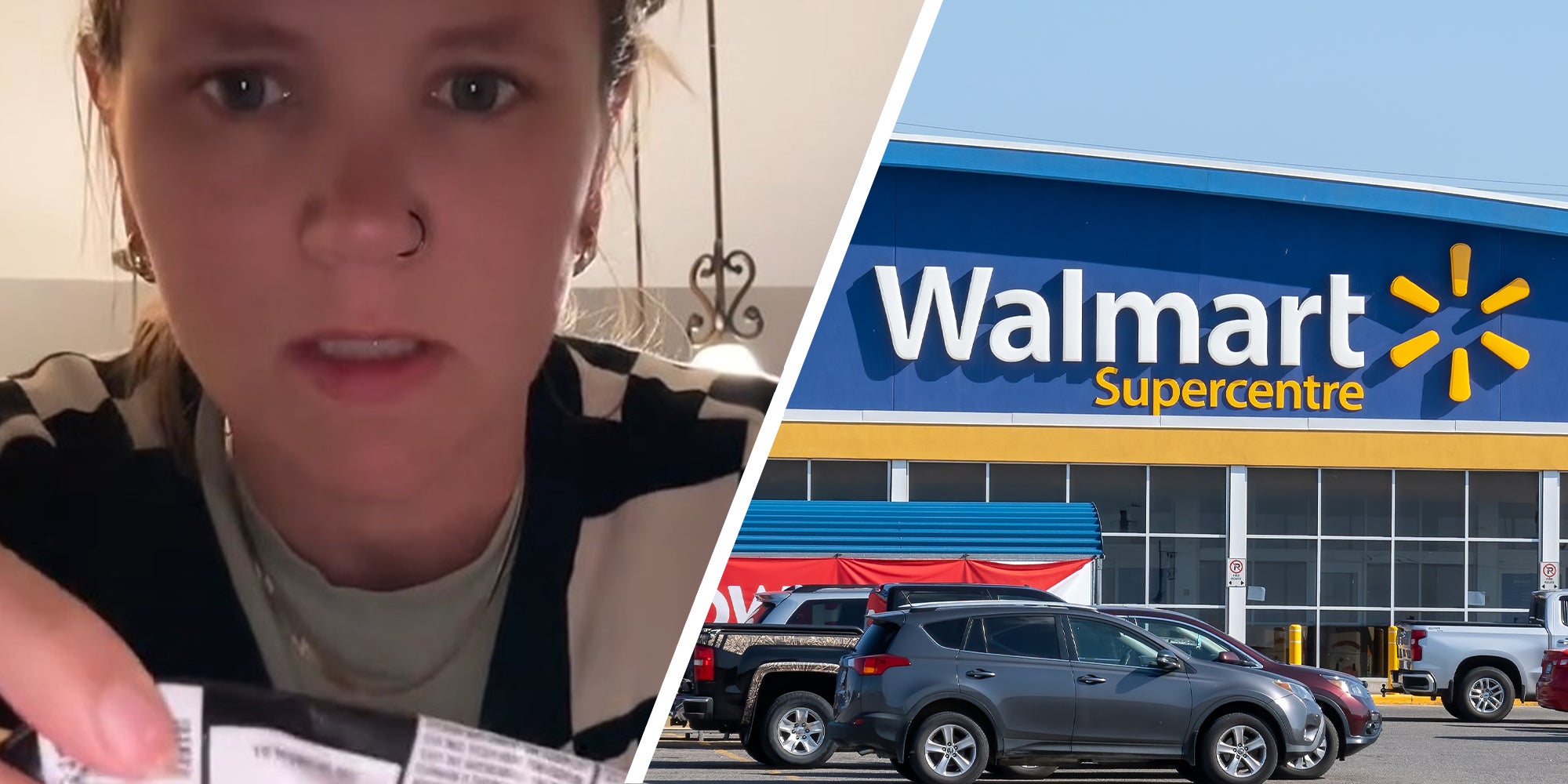 shopper explaining what she found with walmart product(r) Walmart Store(l)