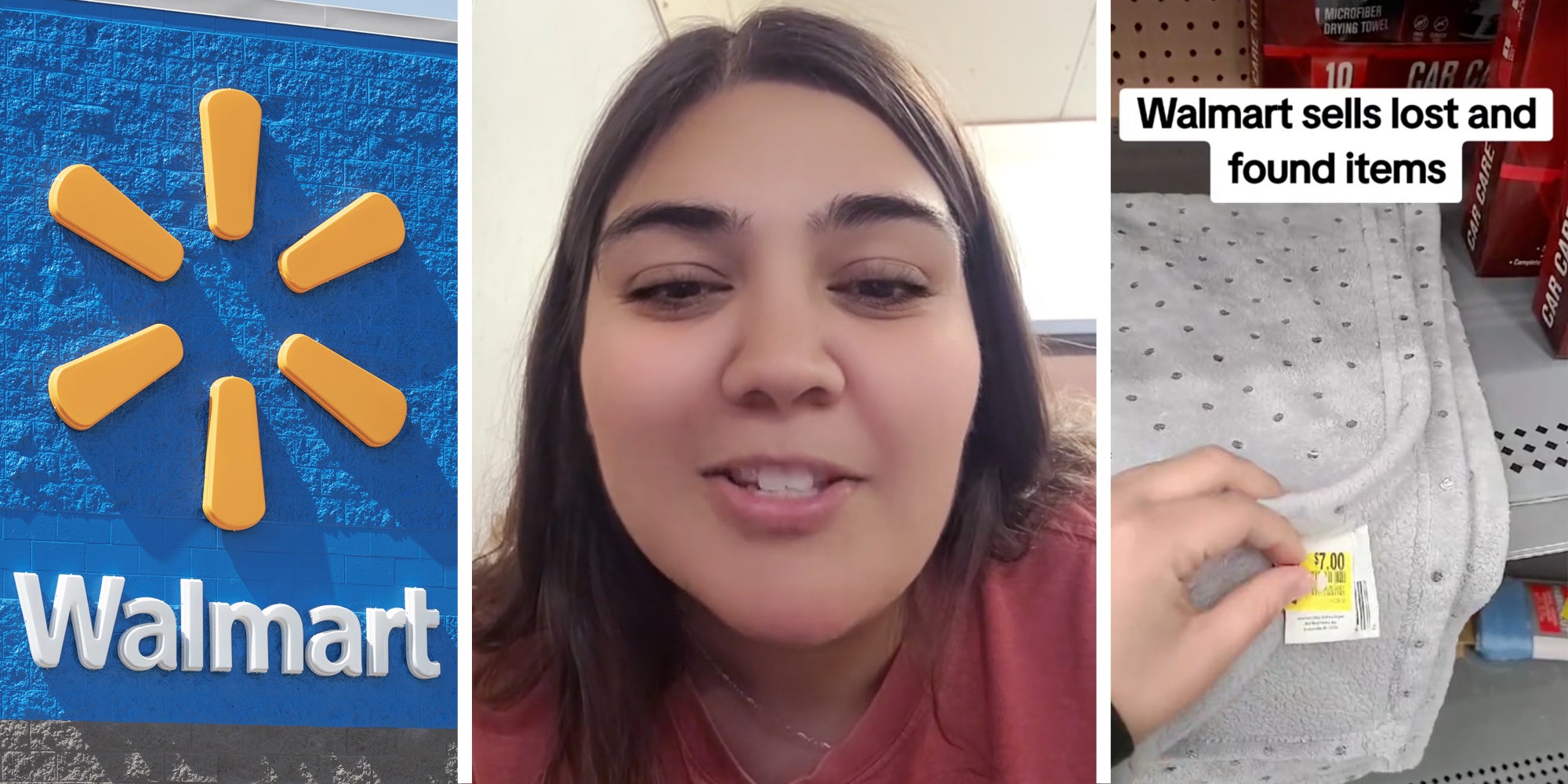 Walmart sign(l), Woman talking(c), Hand showing price tag on blanket with text 'walmart sells lost and found items'(r)