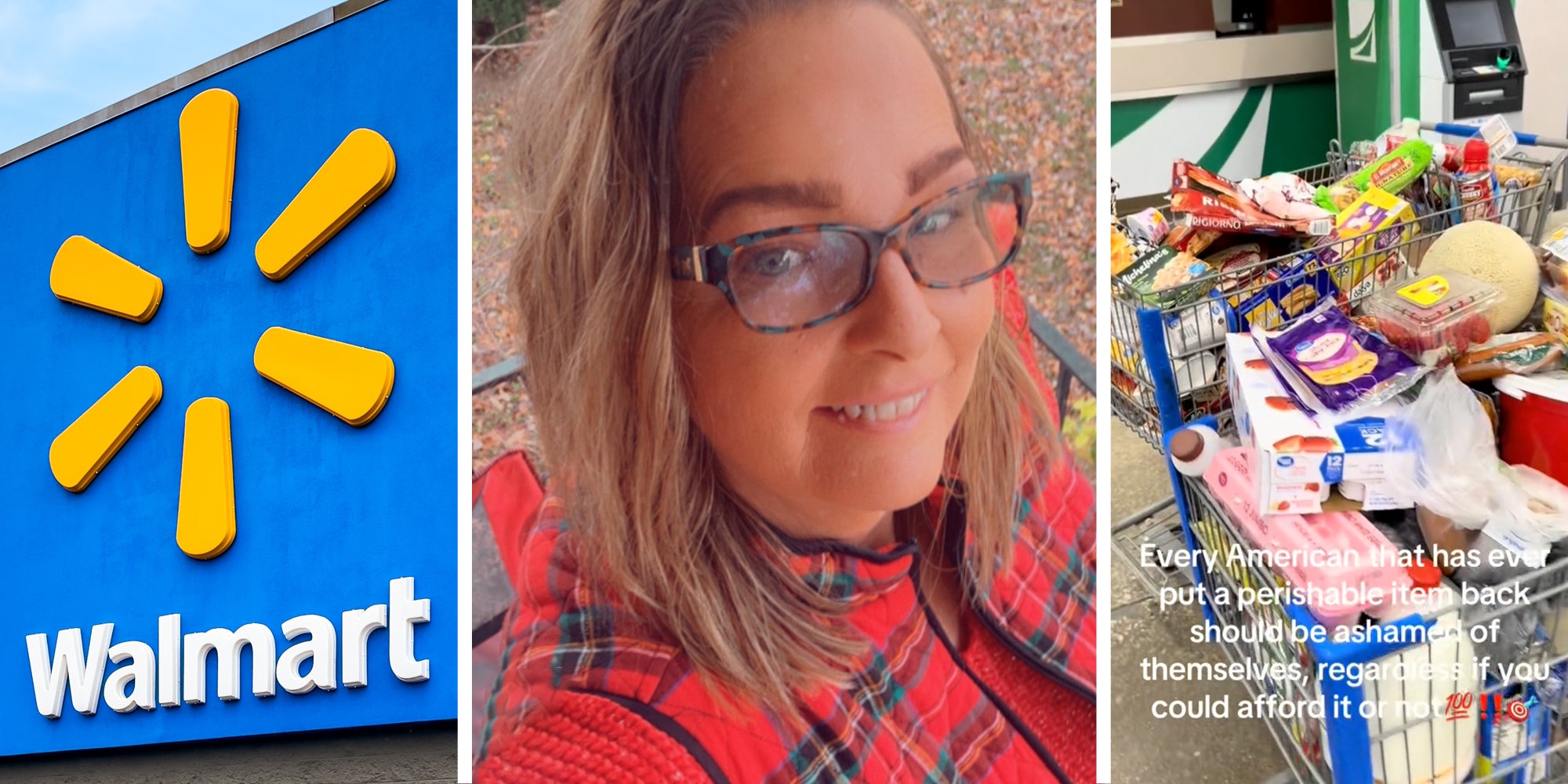 Walmart sign(l), Woman talking(c), Carts full of food(r)