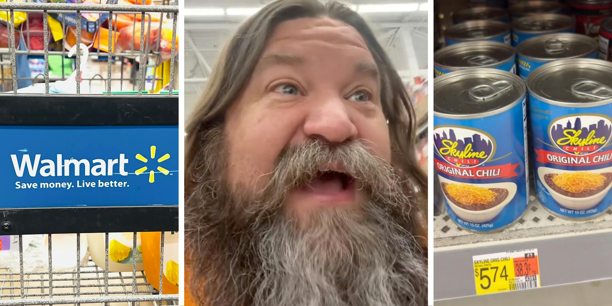 Walmart cart(l), Man talking(c), Cans of skyline chili(r)