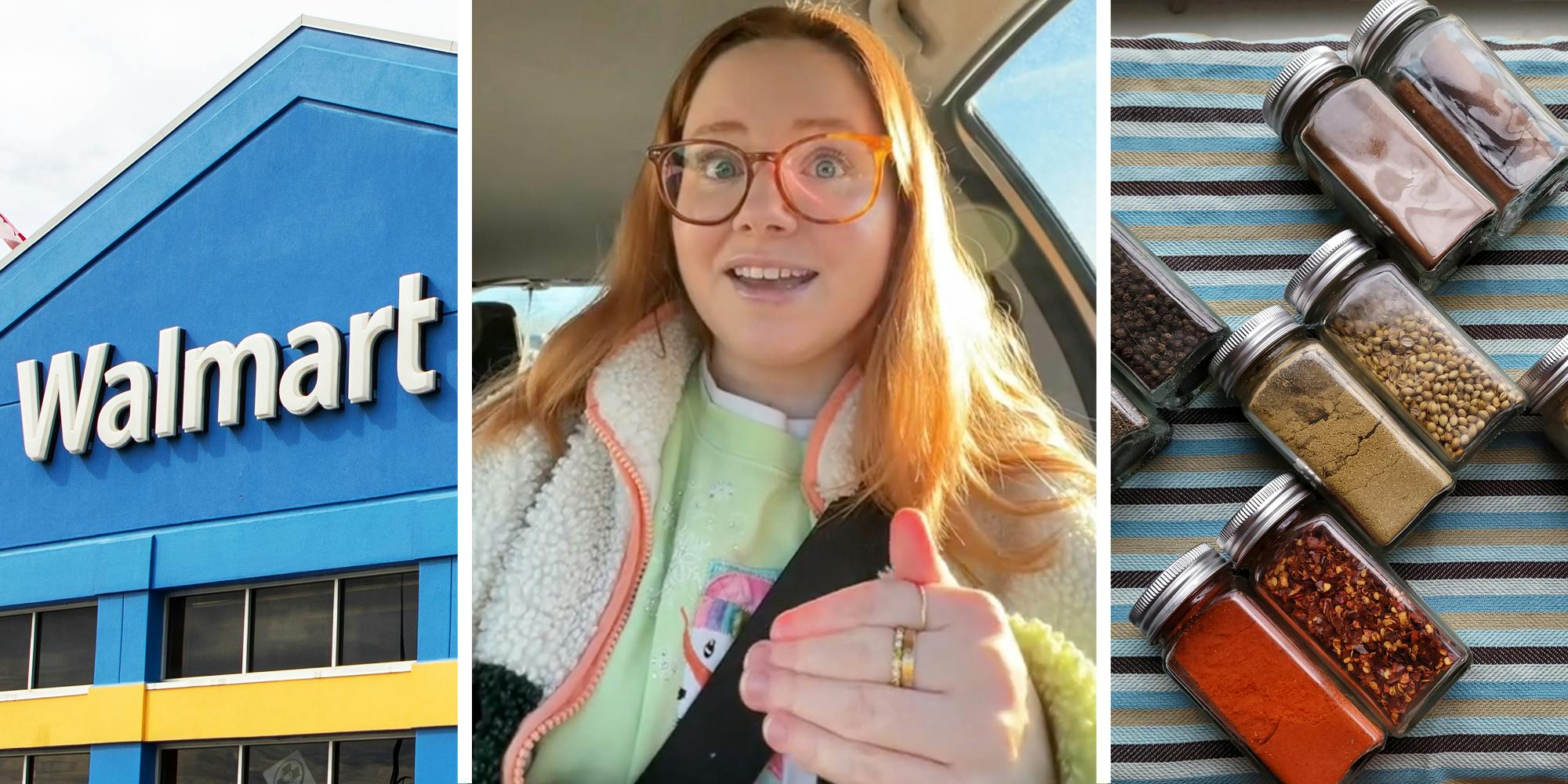 walmart storefront(l), Woman talking(c), Bottles of spices(r)