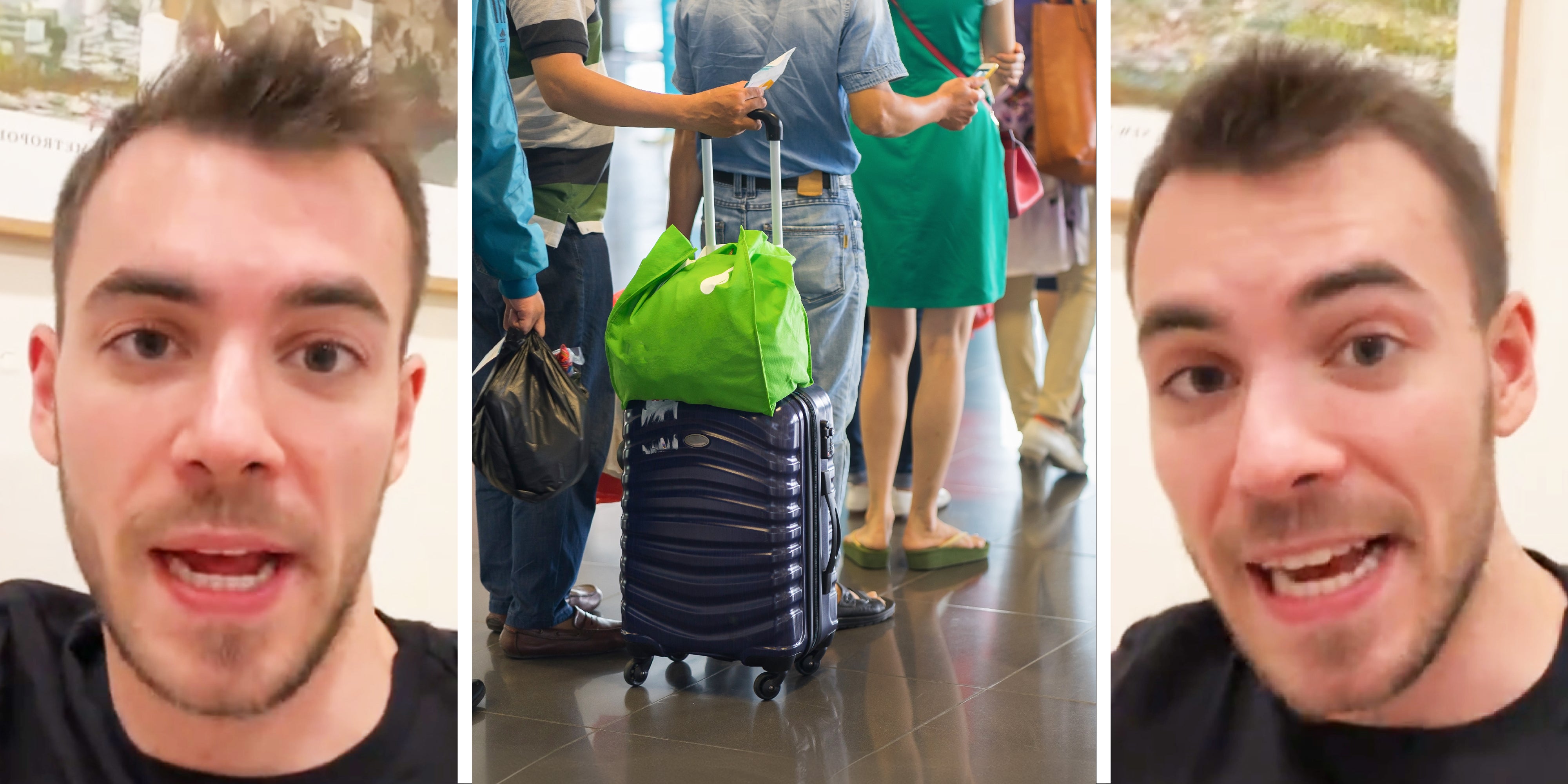 3 panel image: in the middle are airline travelers, on the sides a person explains