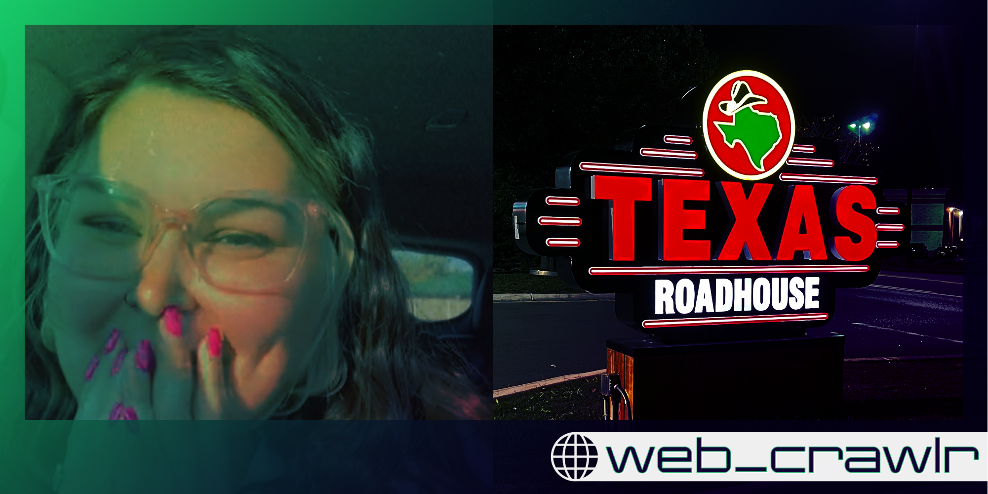 A person looking at the camera next to a Texas Roadhouse sign. The Daily Dot newsletter web_crawlr logo is in the bottom right corner.