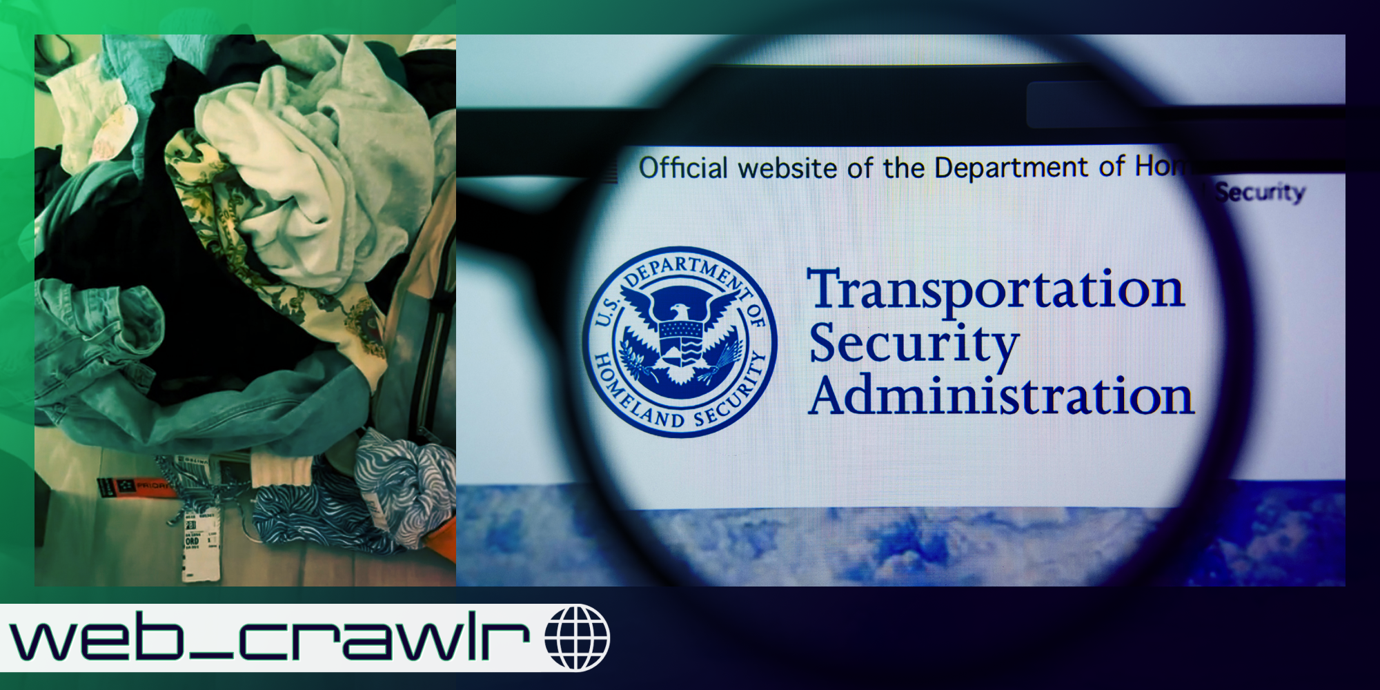 Strewn luggage and the website of TSA. The Daily Dot newsletter web_crawlr logo is in the bottom left corner.