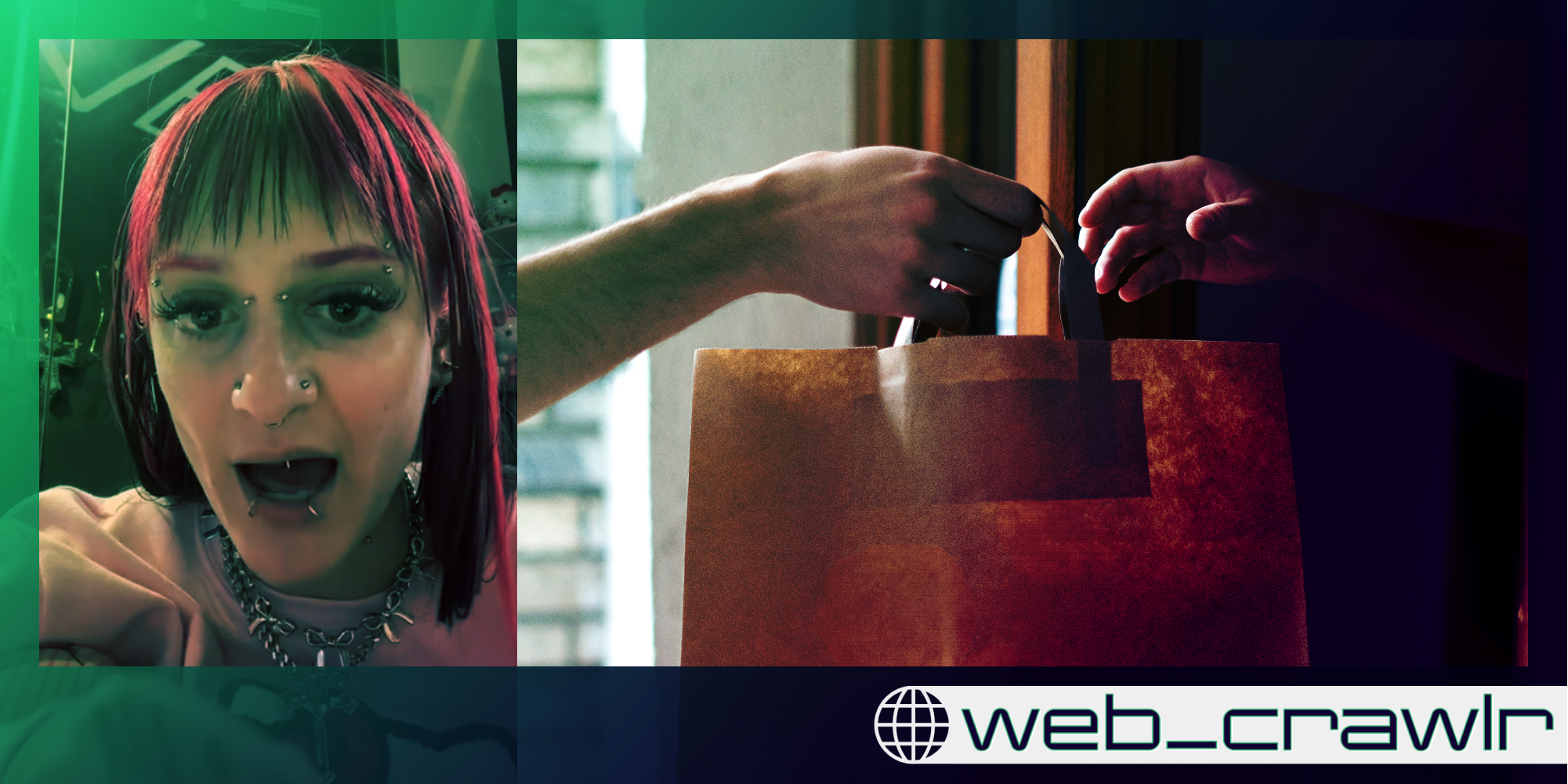 A person speaking to the camera next to a person dropping off a paper bag. The Daily Dot newsletter web_crawlr logo is in the bottom right corner.