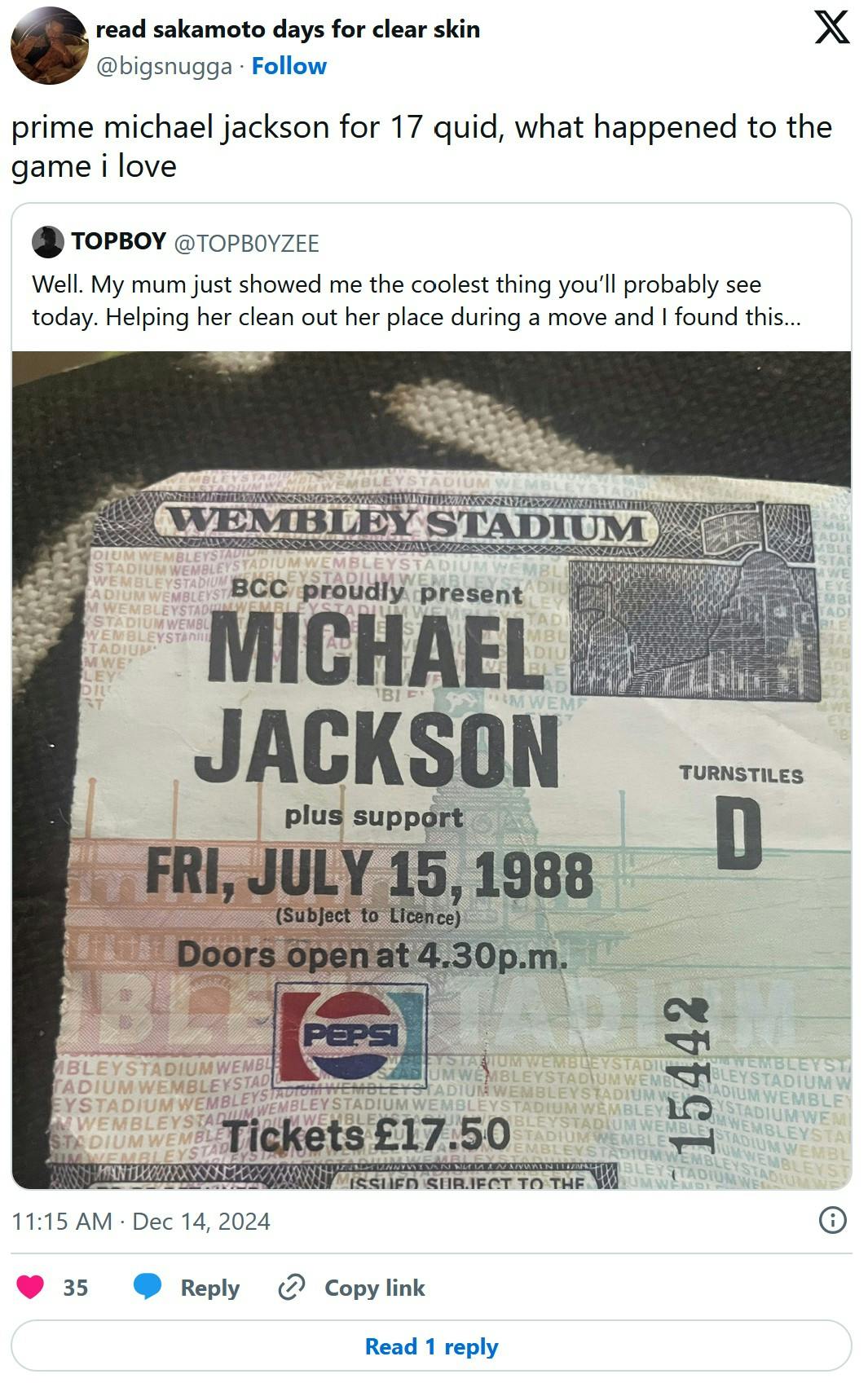 1988 michael jackson ticket stub for 14 quid