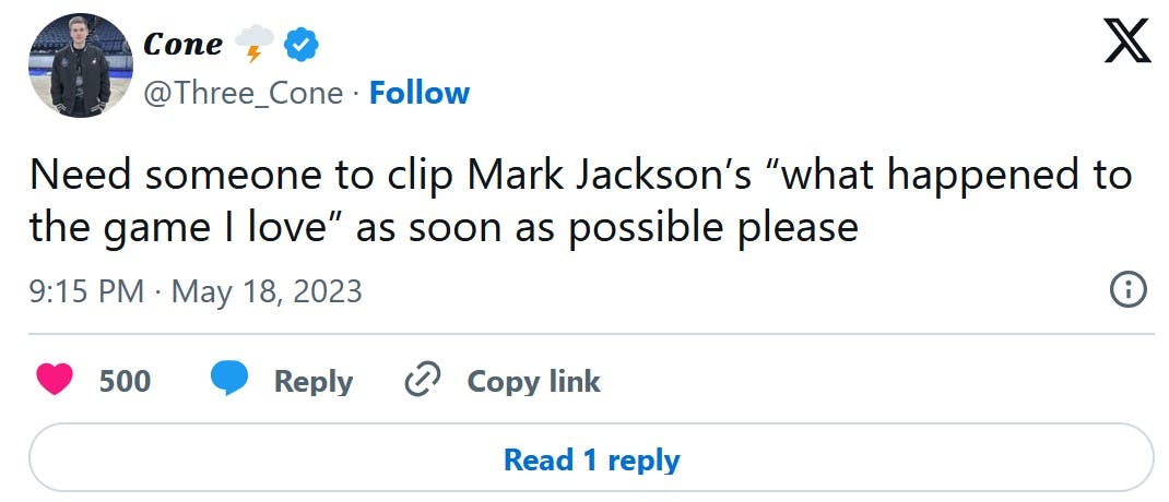 tweet that reads 'Need someone to clip Mark Jackson’s 'what happened to the game I love' as soon as possible please'