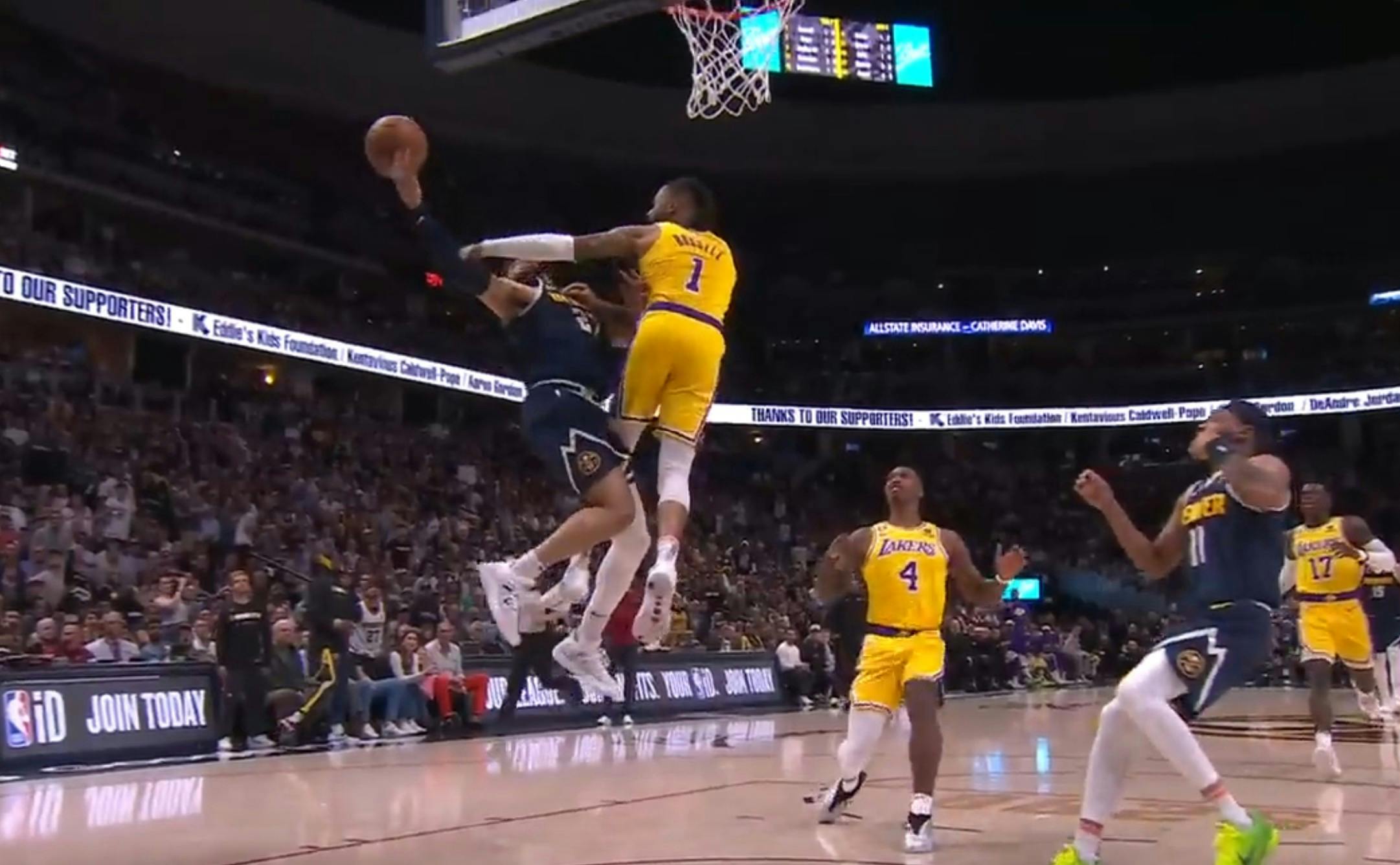 D'Angelo Russell was hit with a flagrant foul penalty 1 following this play on Jamal Murray