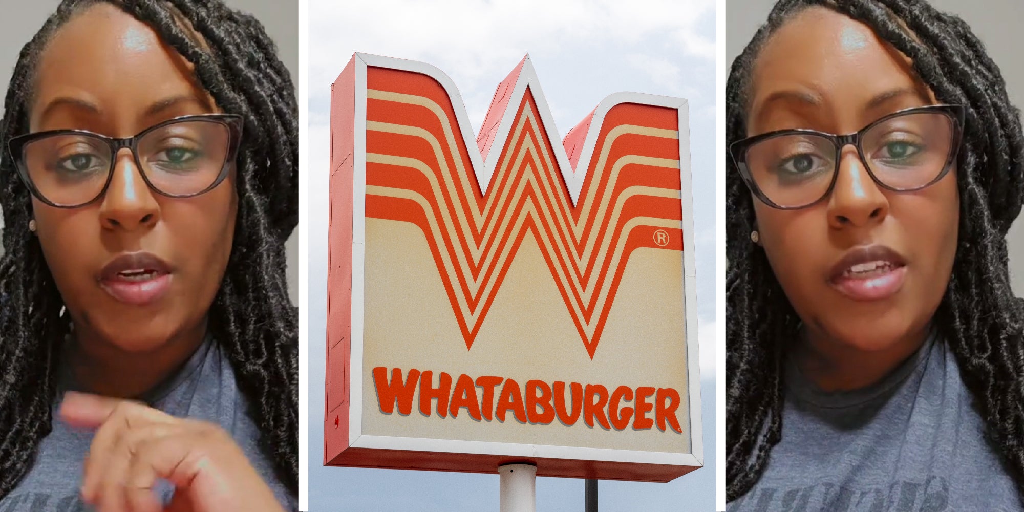 3 panel image: on the side a woman explains, in the middle a sign for Whataburger restaurant.