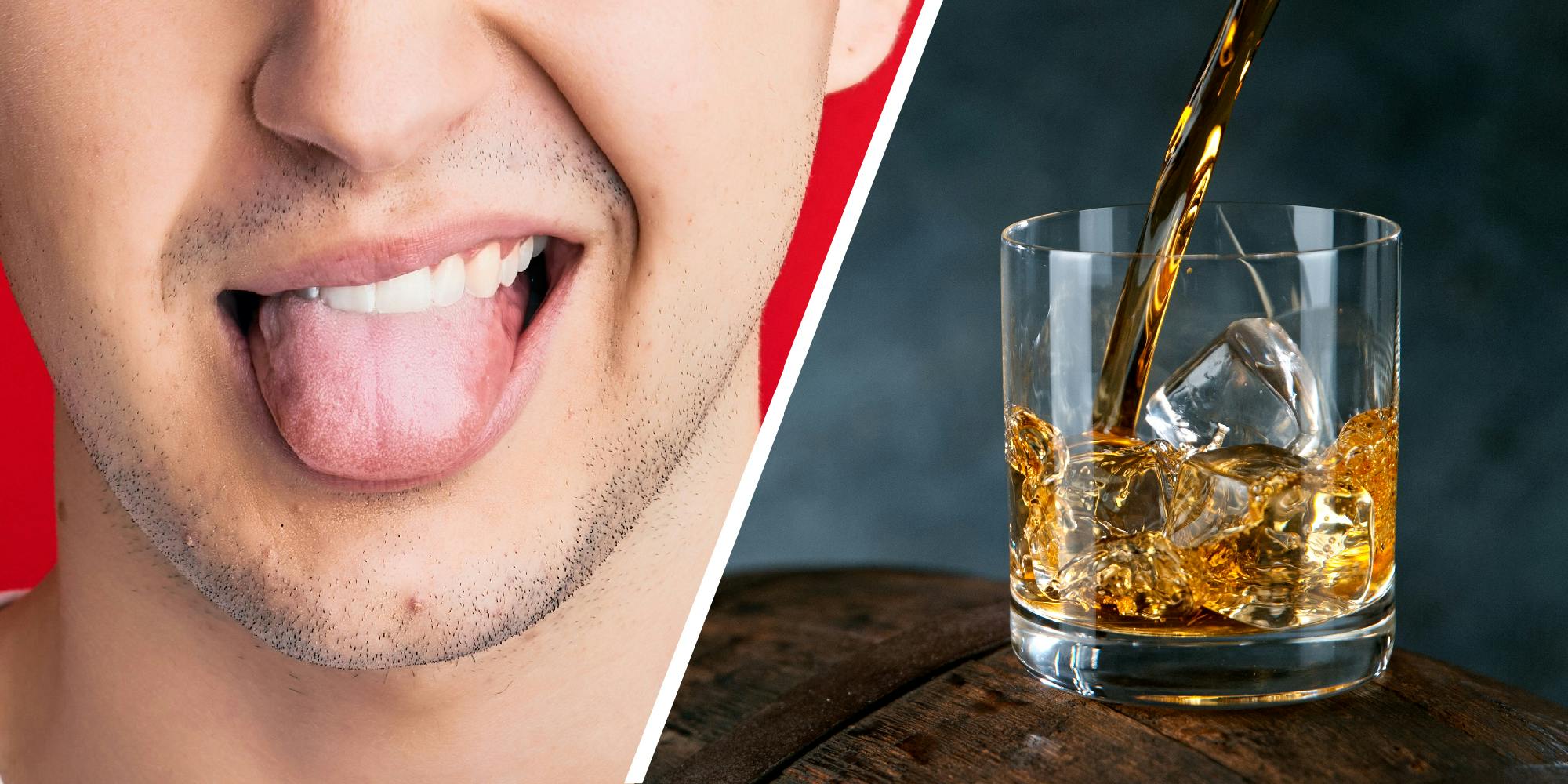 2 panel image. On the left is a close up of a person's mouth with their tongue sticking out. On the right, a glass of whiskey being poured.