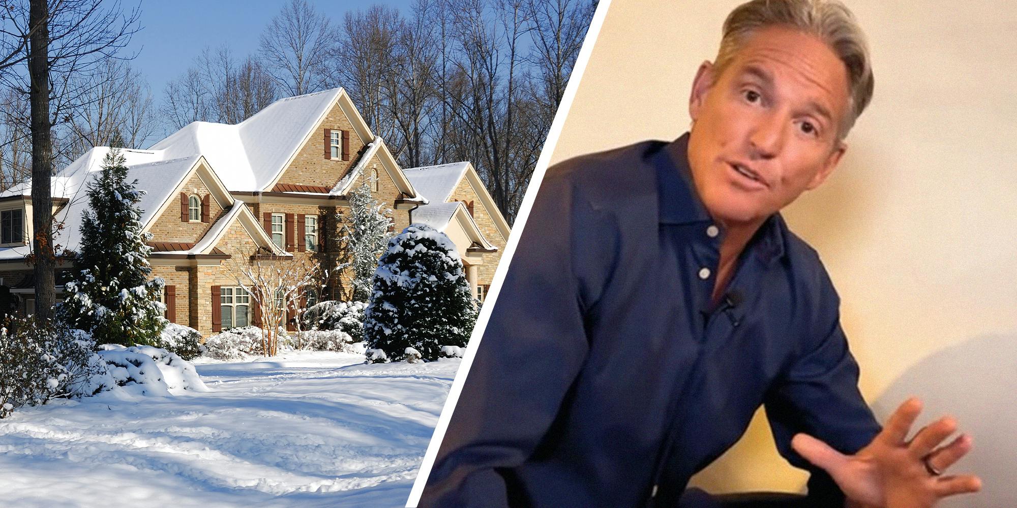 Home Covered in snow(l) Man sharing tips of what best to clean before winter(r)