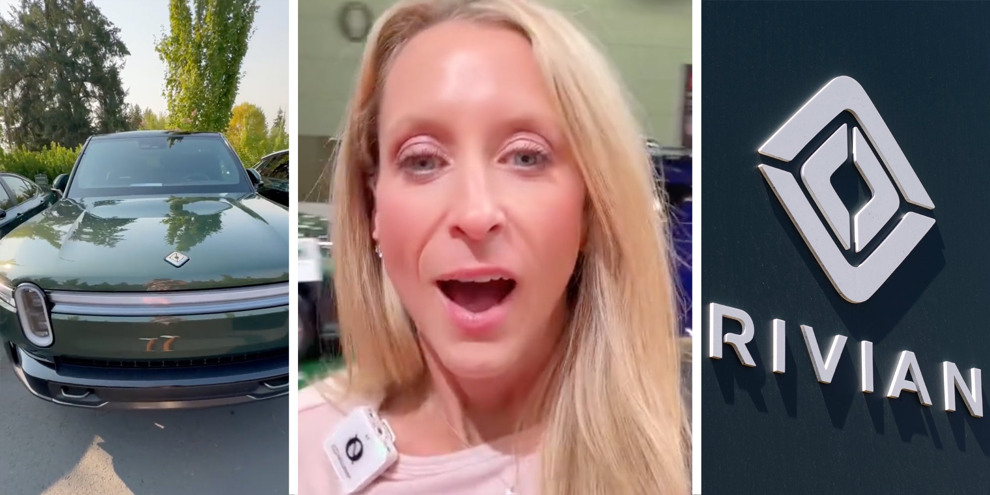 Rivian car(l), Woman talking(c), Rivian sign(r)
