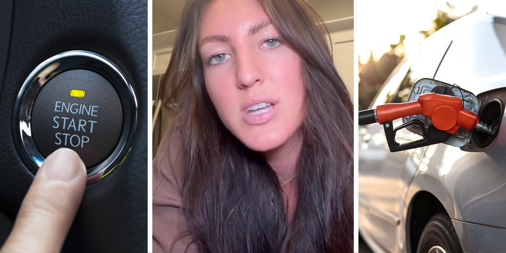 Finger pressing cart start button(l), Woman talking(c), Gas pump in car(r)