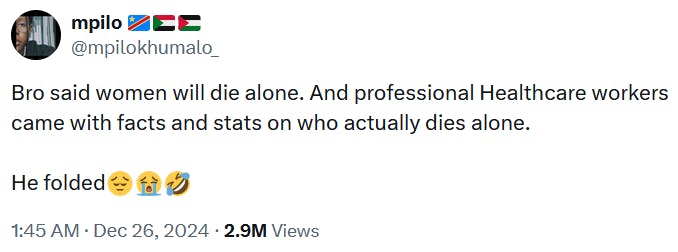 Tweet reading 'Bro said women will die alone. And professional Healthcare workers came with facts and stats on who actually dies alone.'